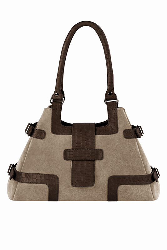 Dress handbag in tan beige and dark brown leather - Worn view